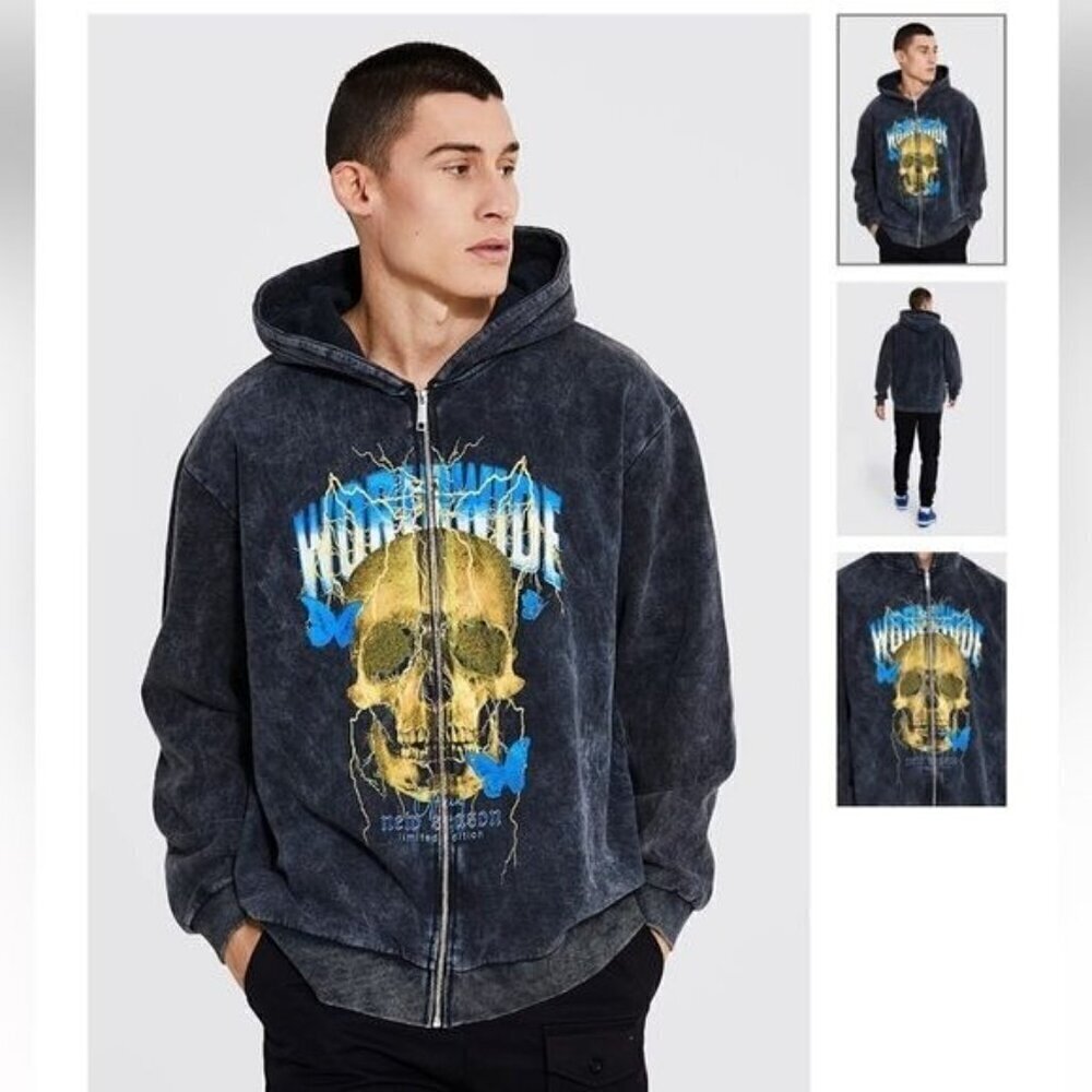 Boohooman worldwide skull full zip grey hoodie S
